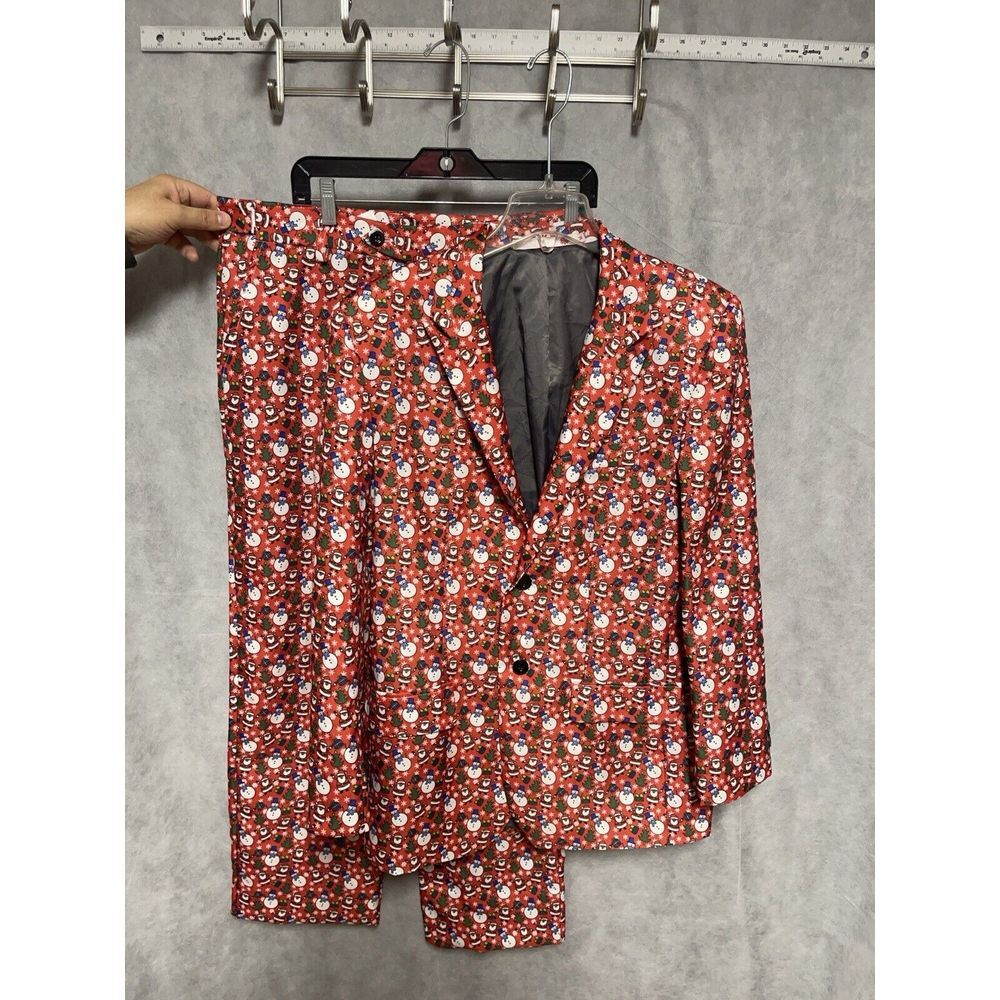 Men Suit‎ 40S Red Ugly Christmas Party Tree Snow Man AOP Geometric 34X28 Pants